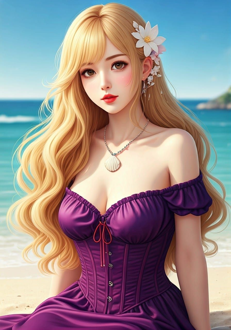 Anime Woman with Golden Hair on Beach