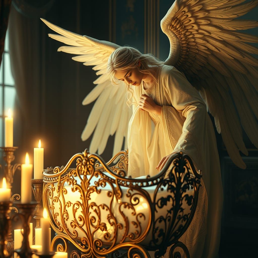 Ethereal Guardian Angel Over Cradle in Cinematic Style
