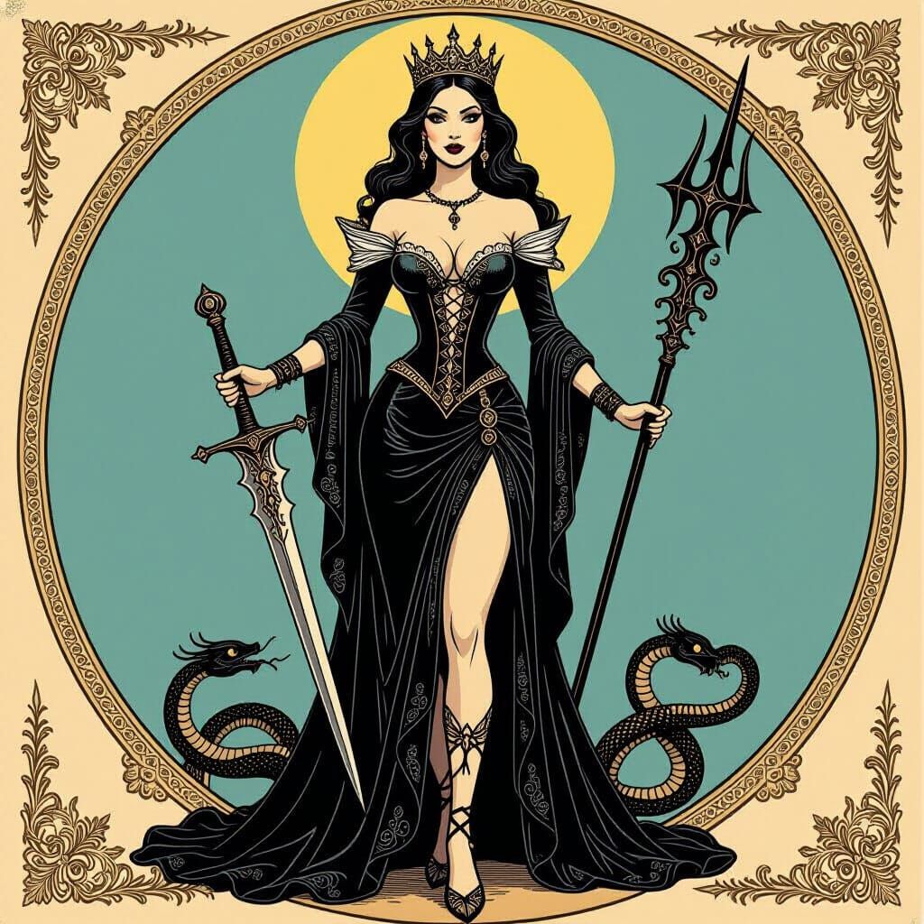 Medieval Queen on Flat Earth in Gravure Style