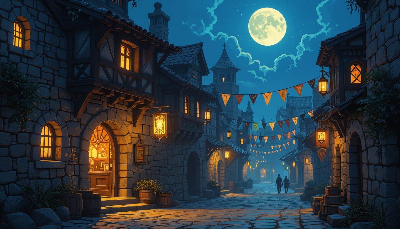 Mystical Old Town Alleyway Under Full Moon