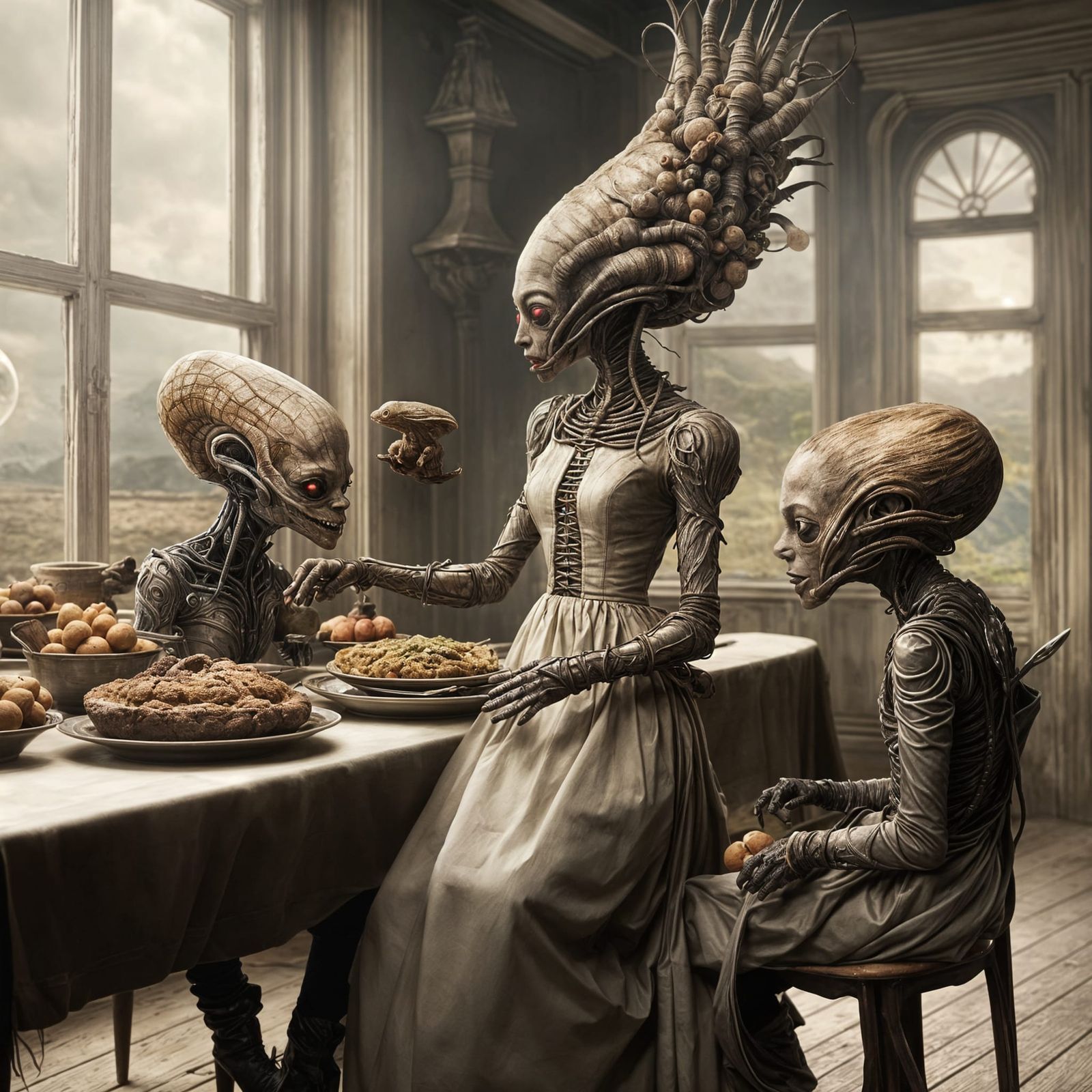 Child at Futuristic Feast in Hyperrealistic Magical Realism
