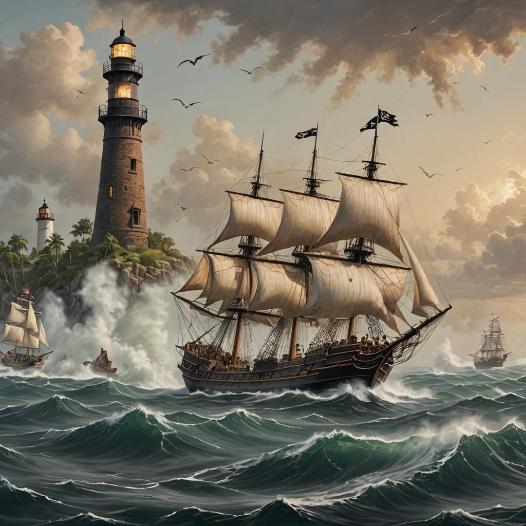 Pirate Ships Battle Near Island Lighthouse
