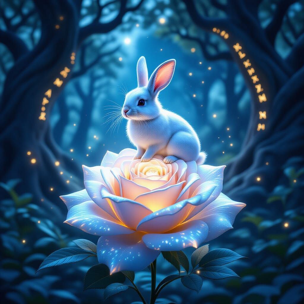 Bioluminescent Rabbit on Crystal Rose in Enchanted Forest