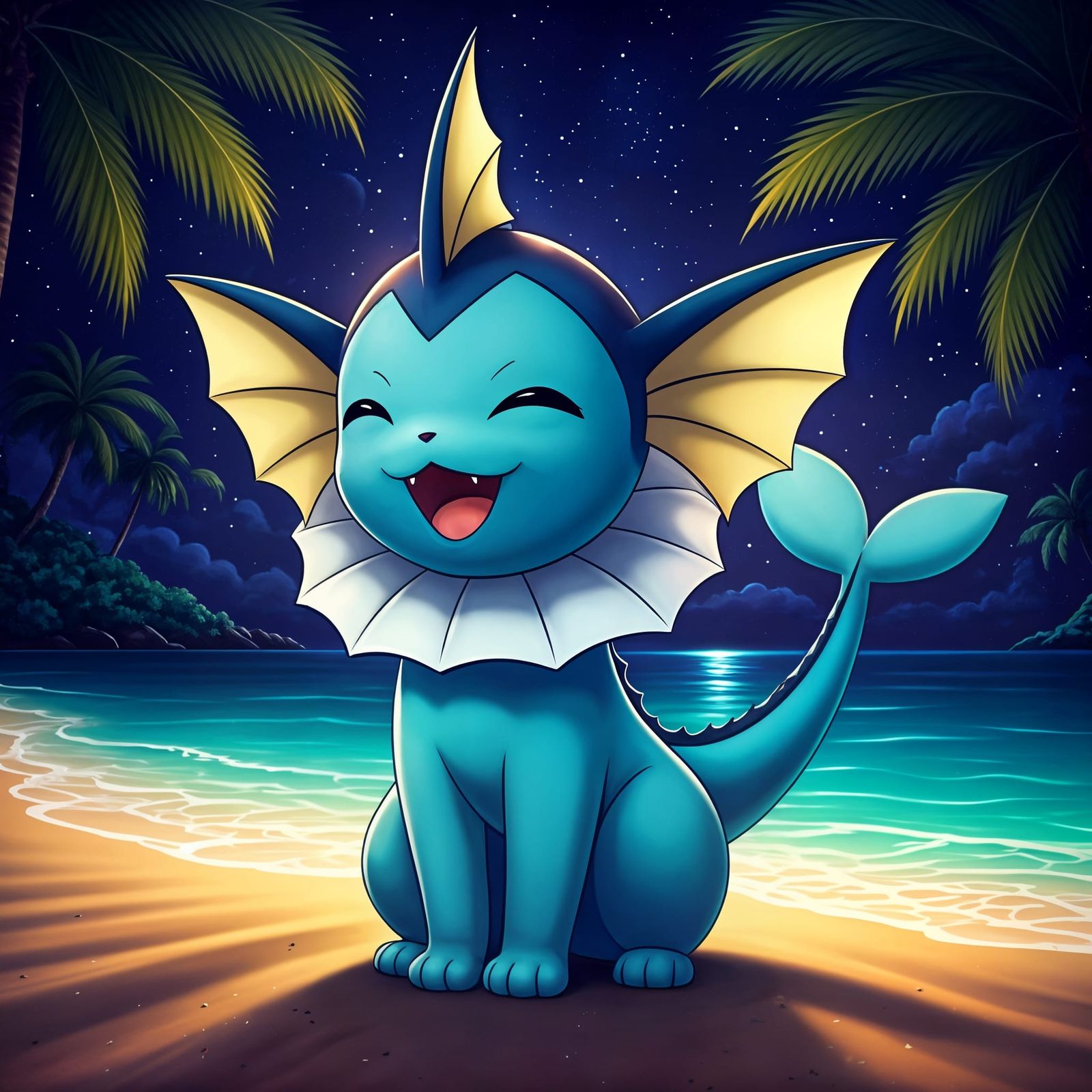 Chibi Vaporeon Howling on Beach at Night