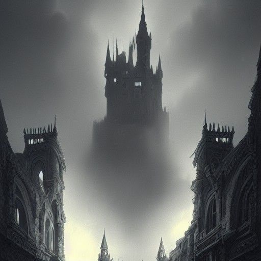 Dark Fantasy Castle Pencil Drawing in Graphic Style