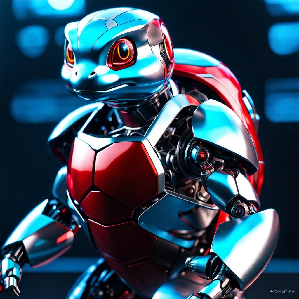 Squirtle Hologram with Robotic Parts in Digital Art