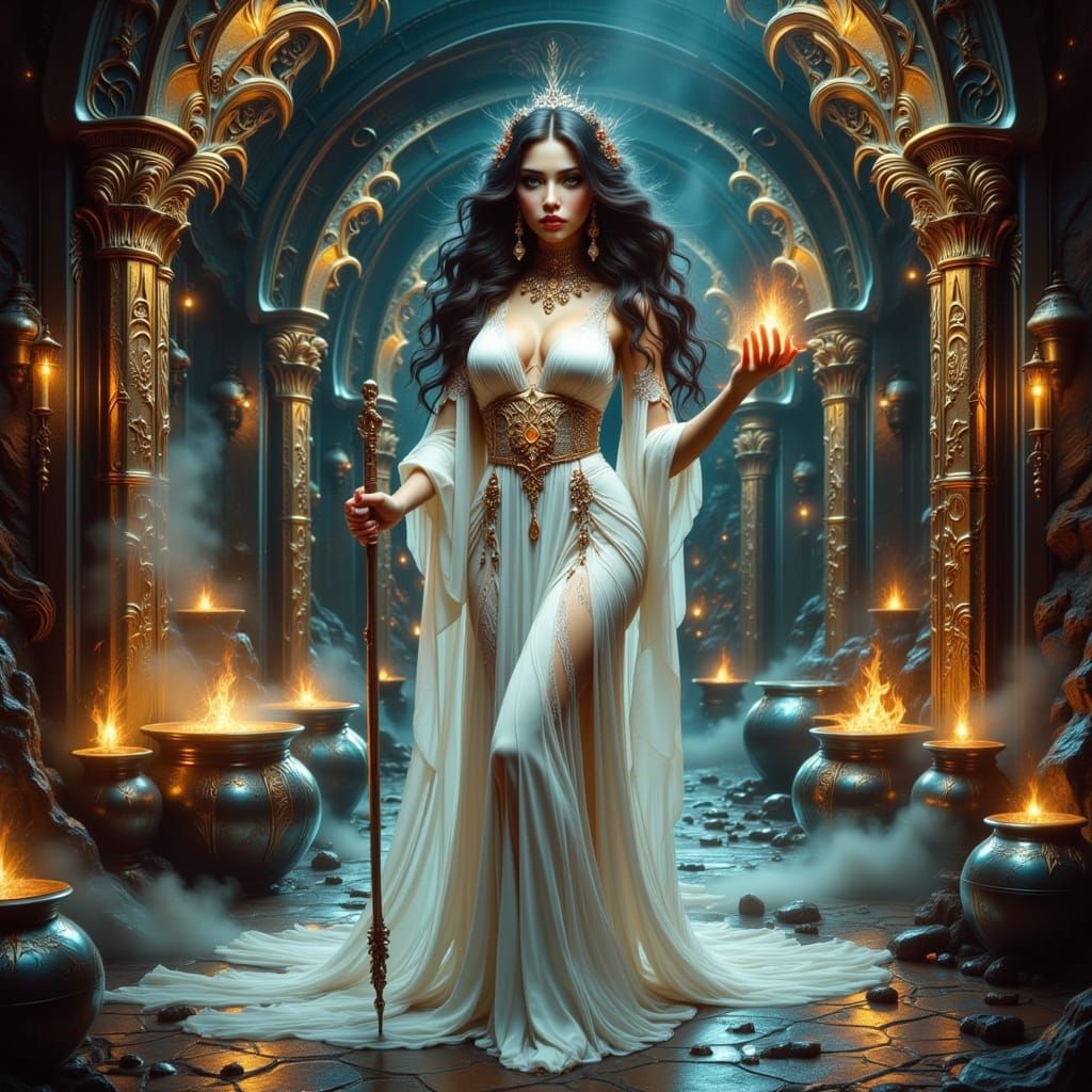 Enchantress Casting Spells in Opulent Chamber, Art Nouveau