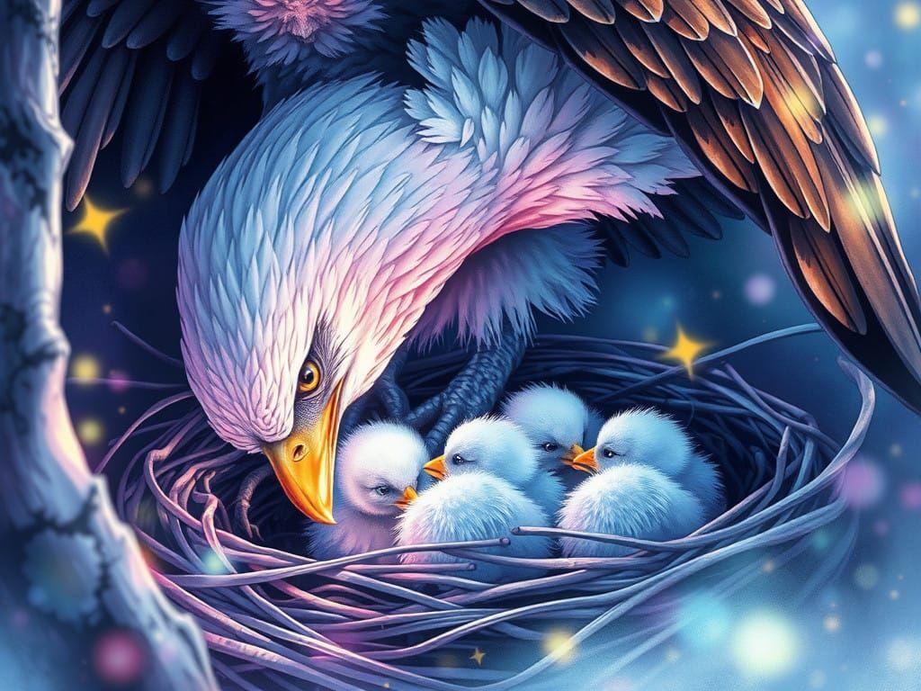 Dreamy Mother Eagle Feeding Chicks in Pastel Watercolor Comi...