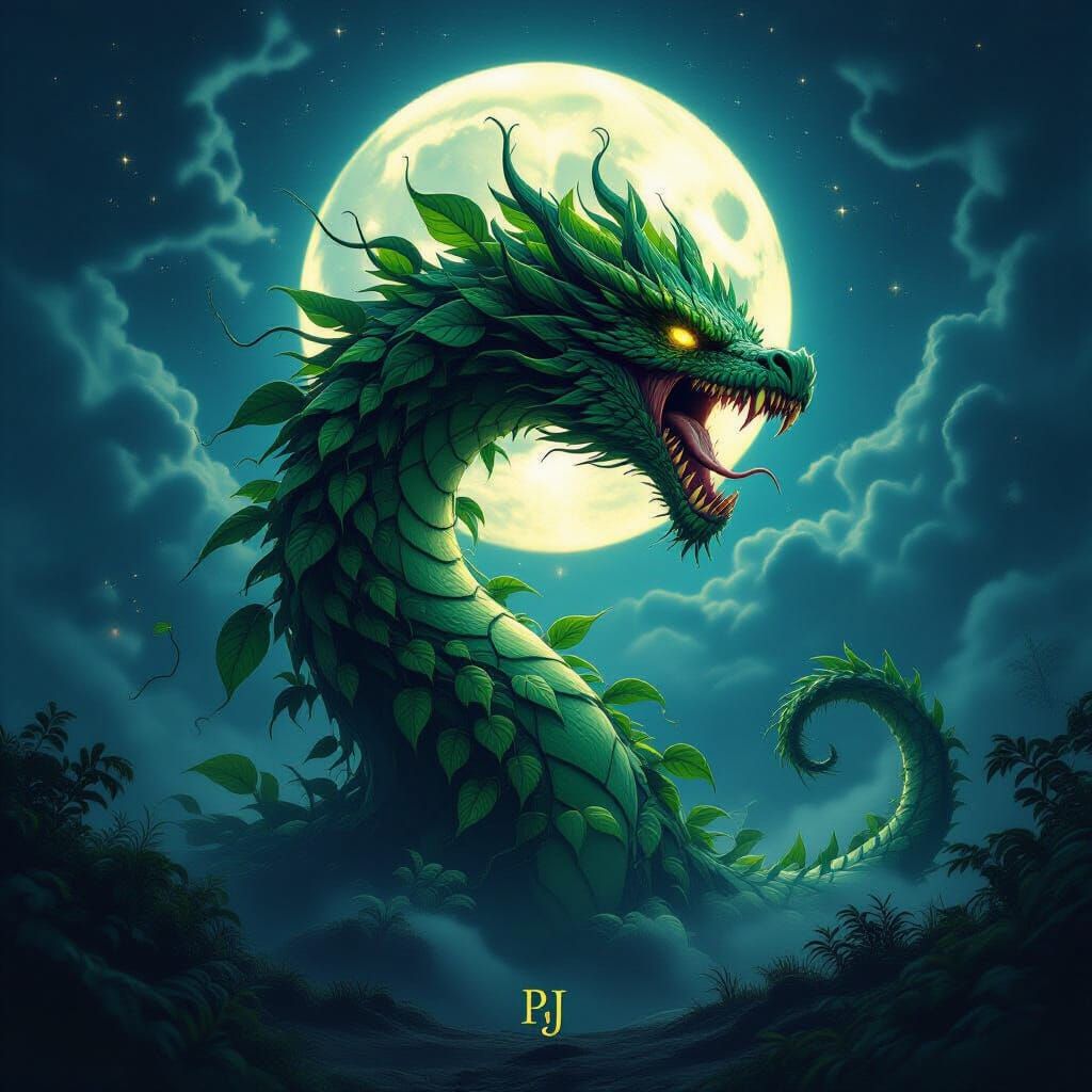 Epic Plant Dragon Roaring Under Cosmic Moon