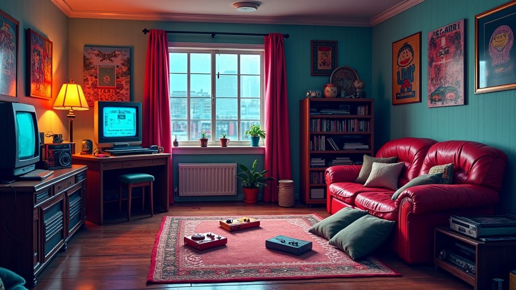 Retro Gaming Consoles in Nostalgic 80s Room