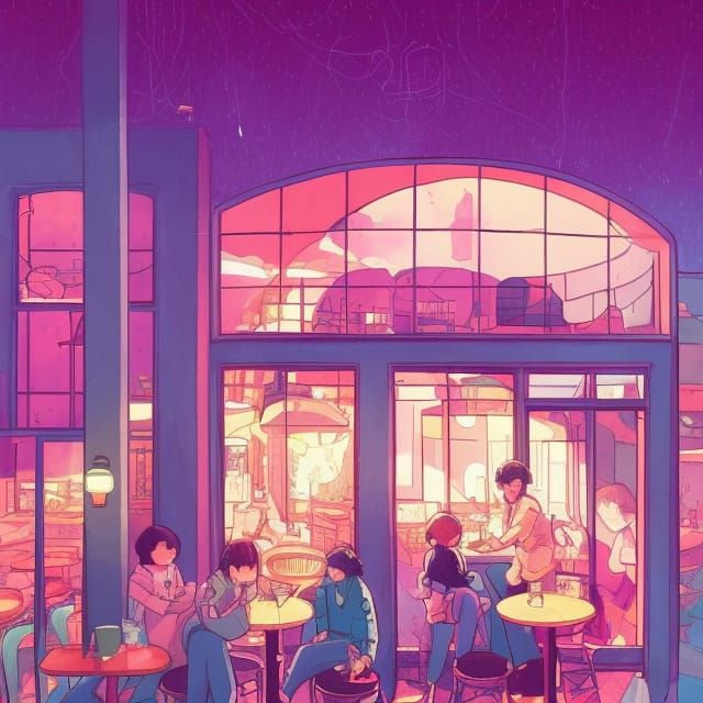 Cozy Cyber Lo-Fi Cafe Illustration in Ghibli Style