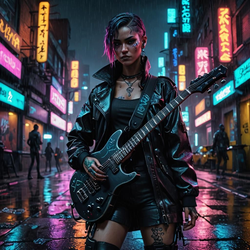 Cyberpunk Tattooed Girl Plays Guitar in Rainy City