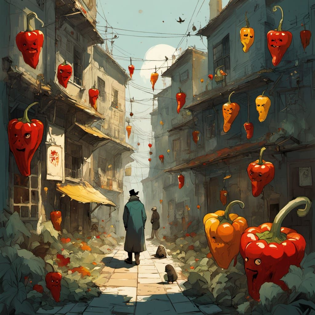 Whimsical Illustration of a Misshapen Piper Picking Pickled....