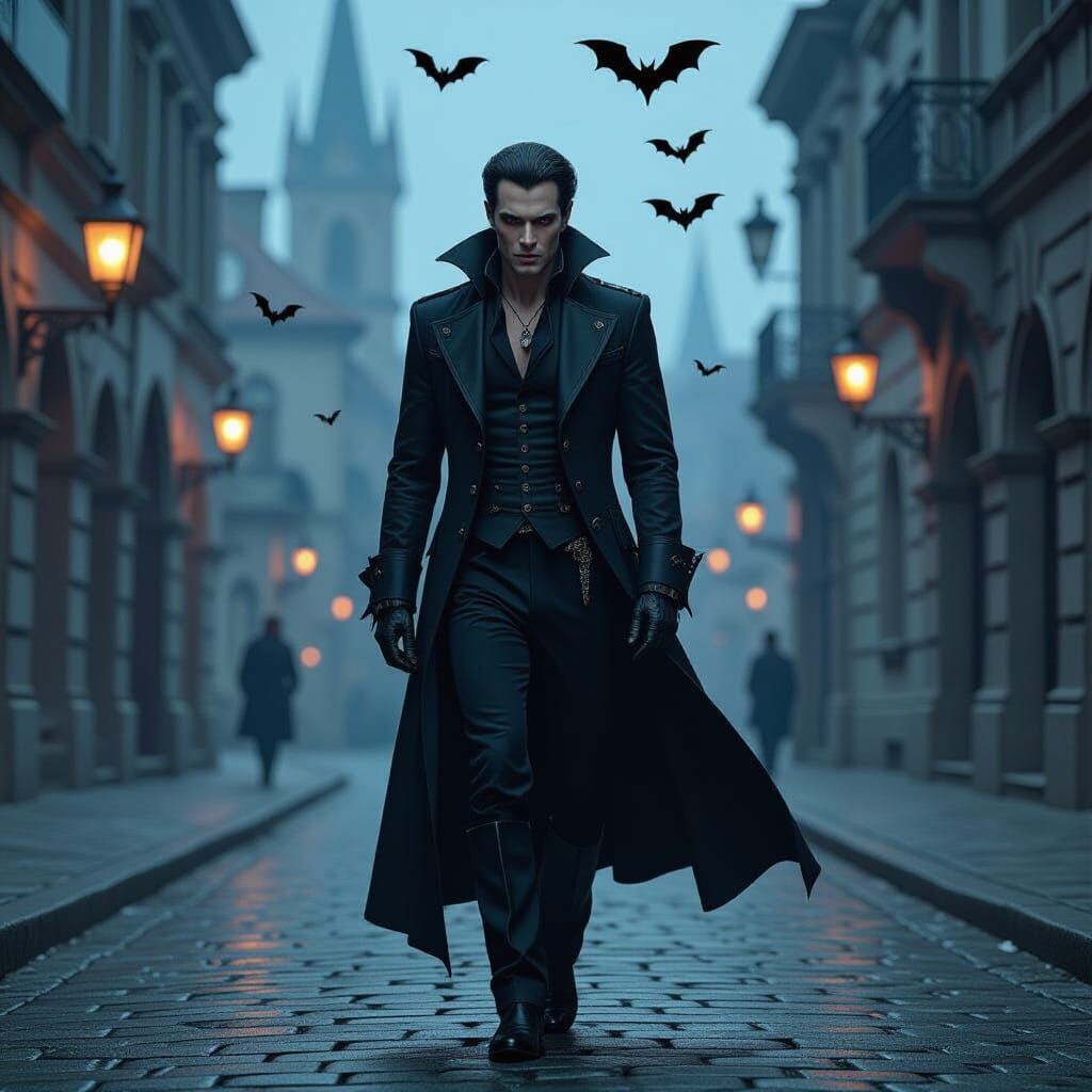 Vampire Lestat on Cobblestone Road with Gothic Architecture