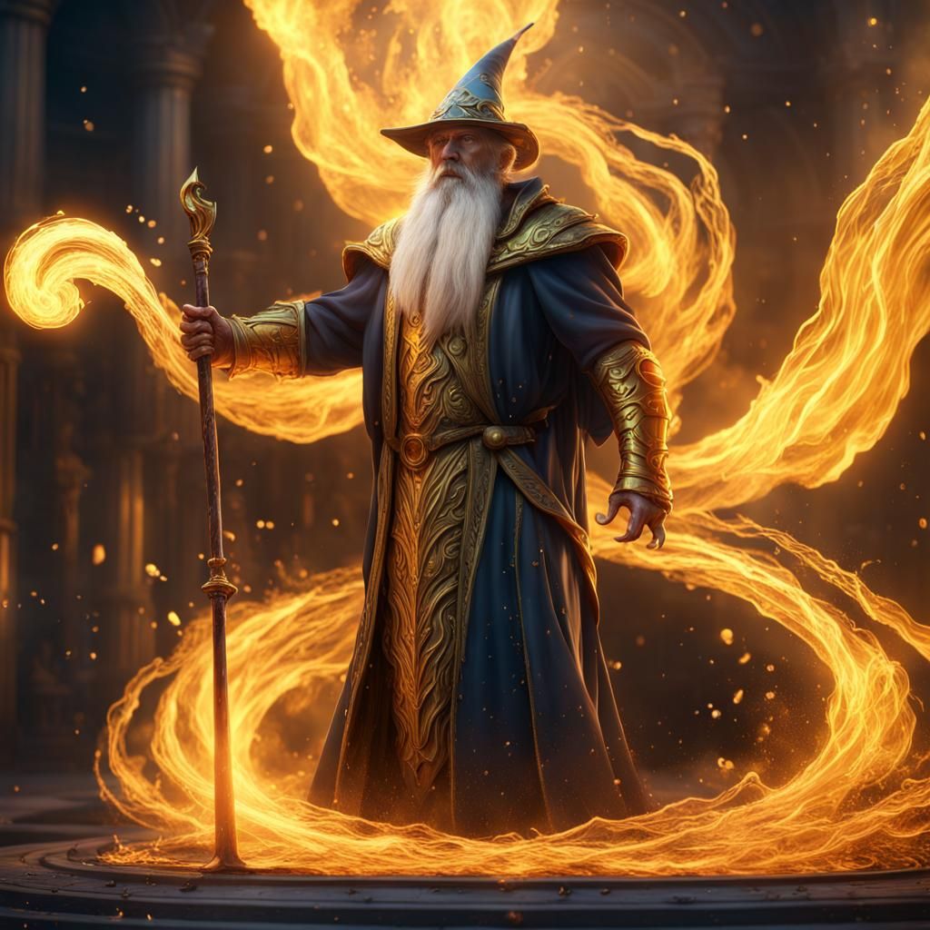 Wizard Casting Molten Gold Wave in Fantasy Art