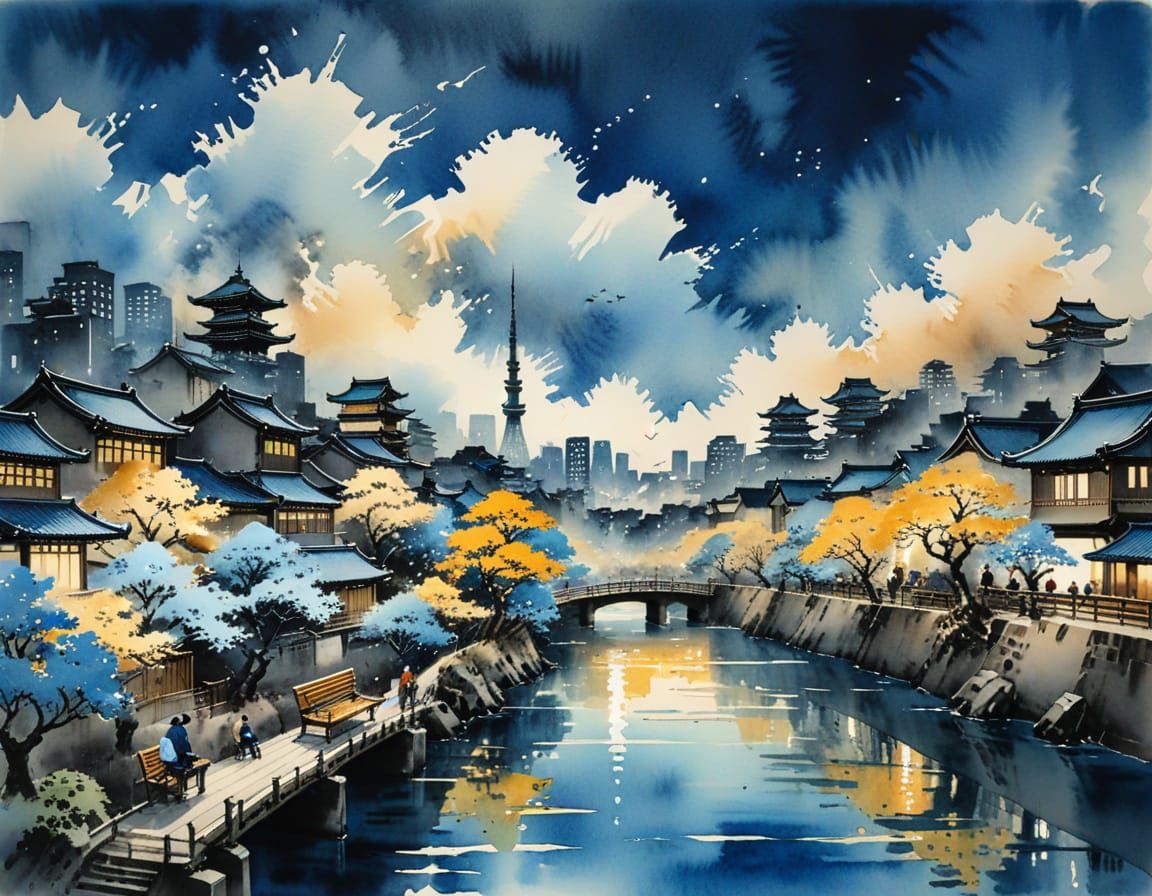 Whimsical City Bench in Watercolor Style