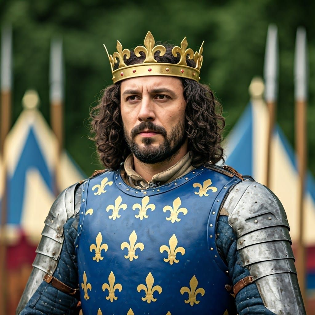 Medieval King in Blue Brigandine Armor, War Camp