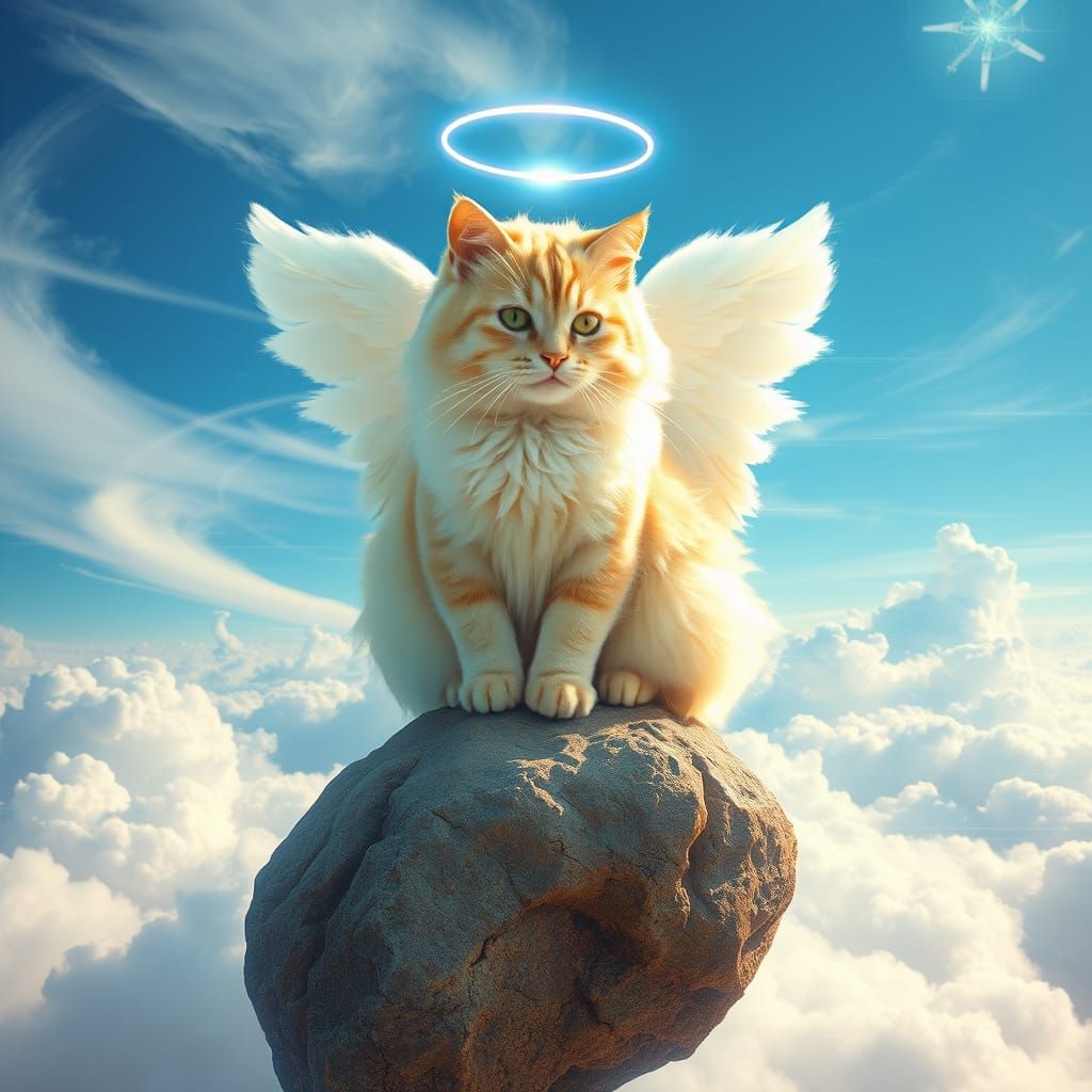 Digital Dreamer Cat Sits on Celestial Boulder