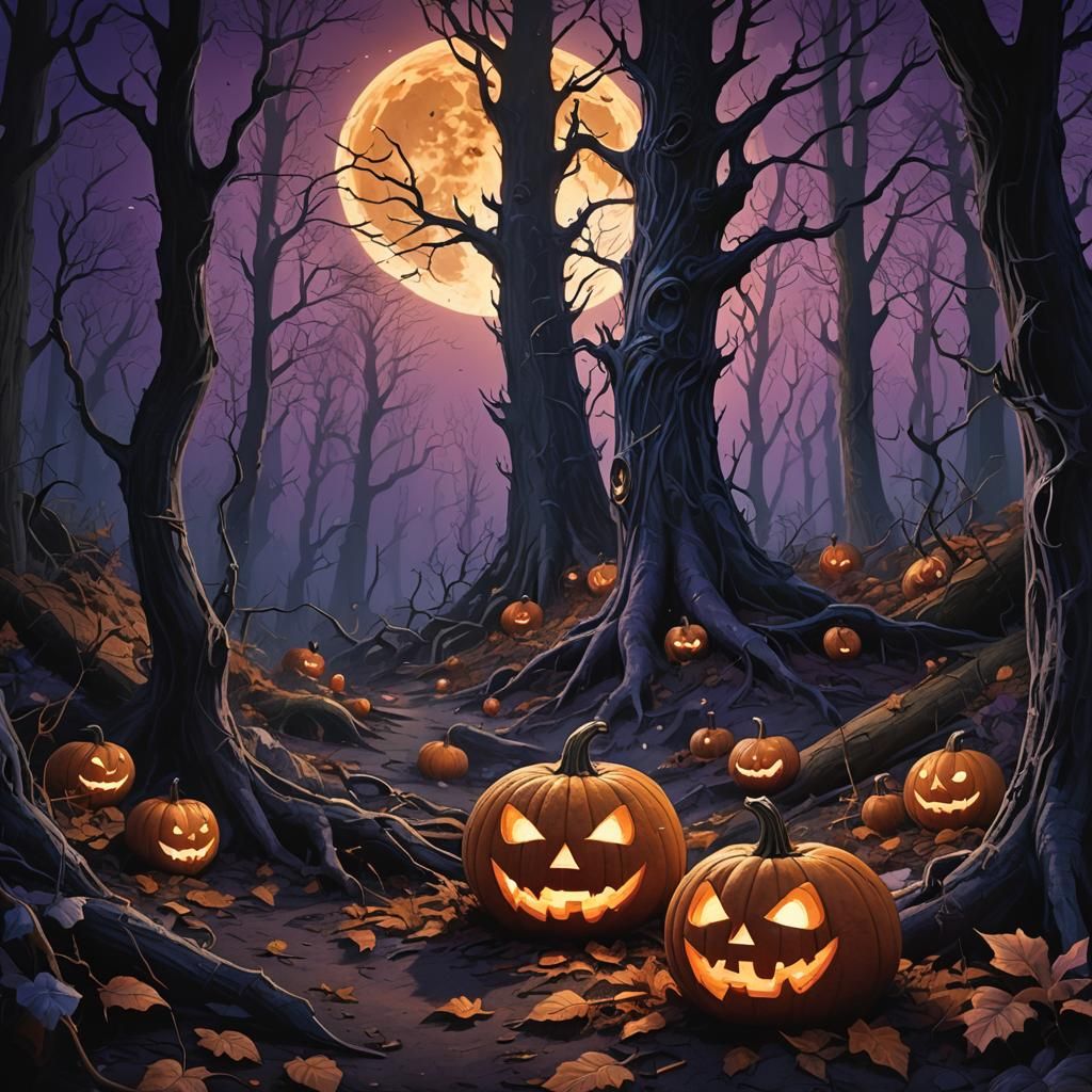 Eerie Pumpkin in Dark Fantasy Forest
