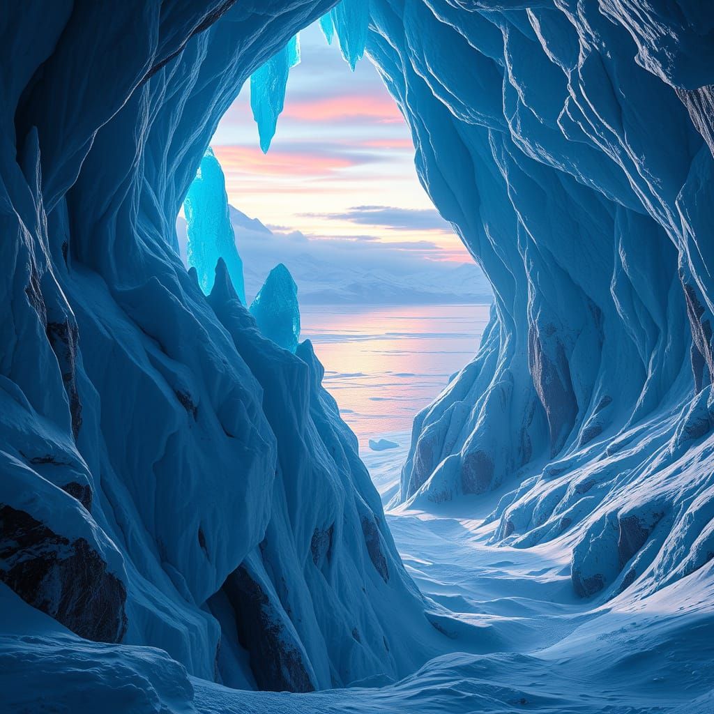 Ethereal Ice Cave Illuminated by Glowing Crystals