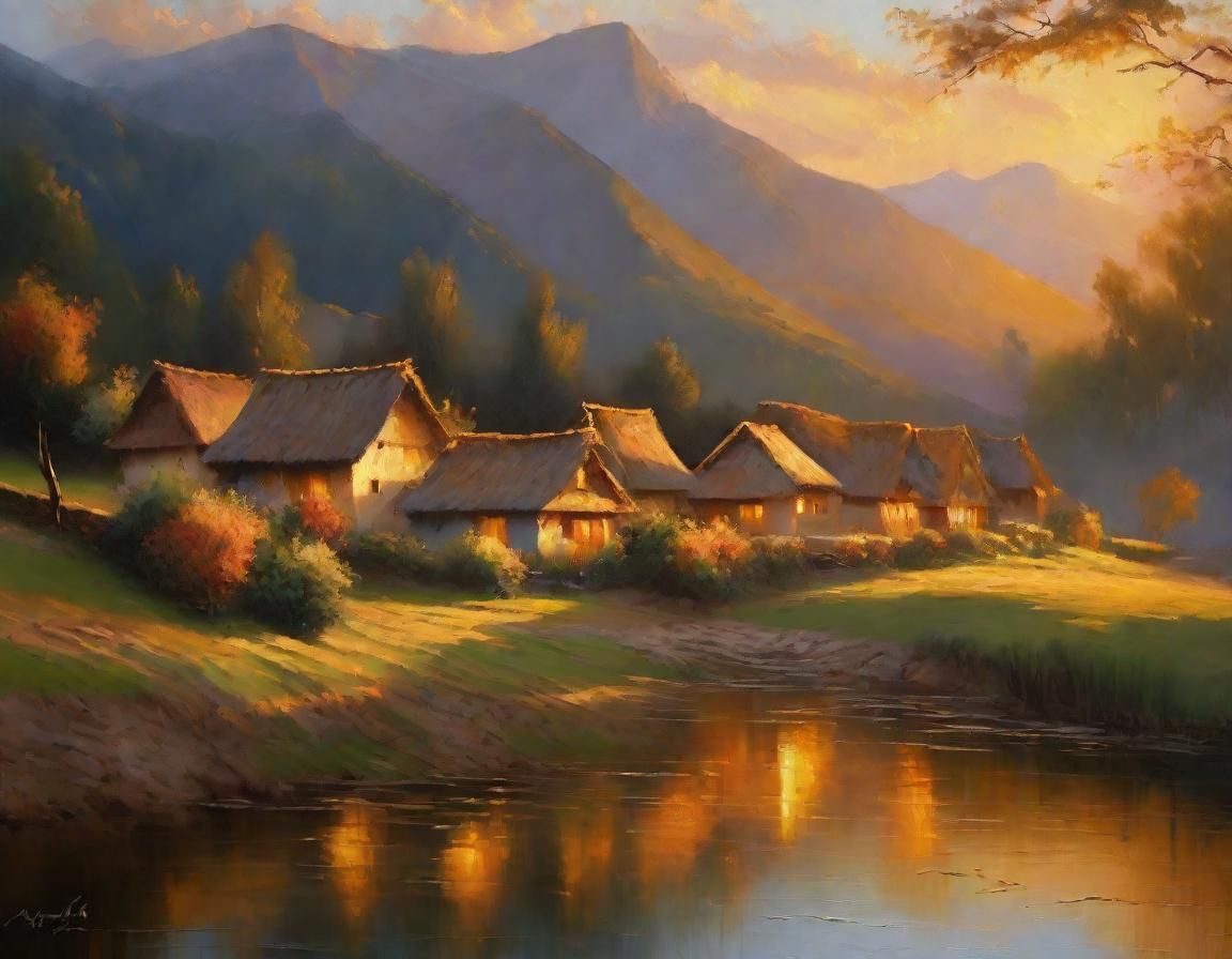 Mountain Village at Sunrise in Romantic Realism Style