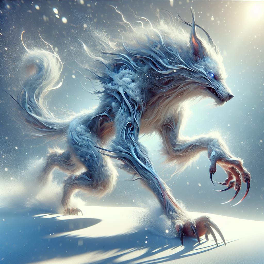 Graceful Wolf-like Creature Attacks in Snowy Landscape