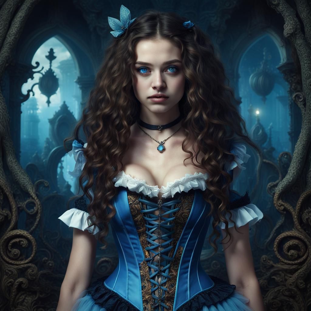 Gothic Alice in Wonderland in Surreal Setting