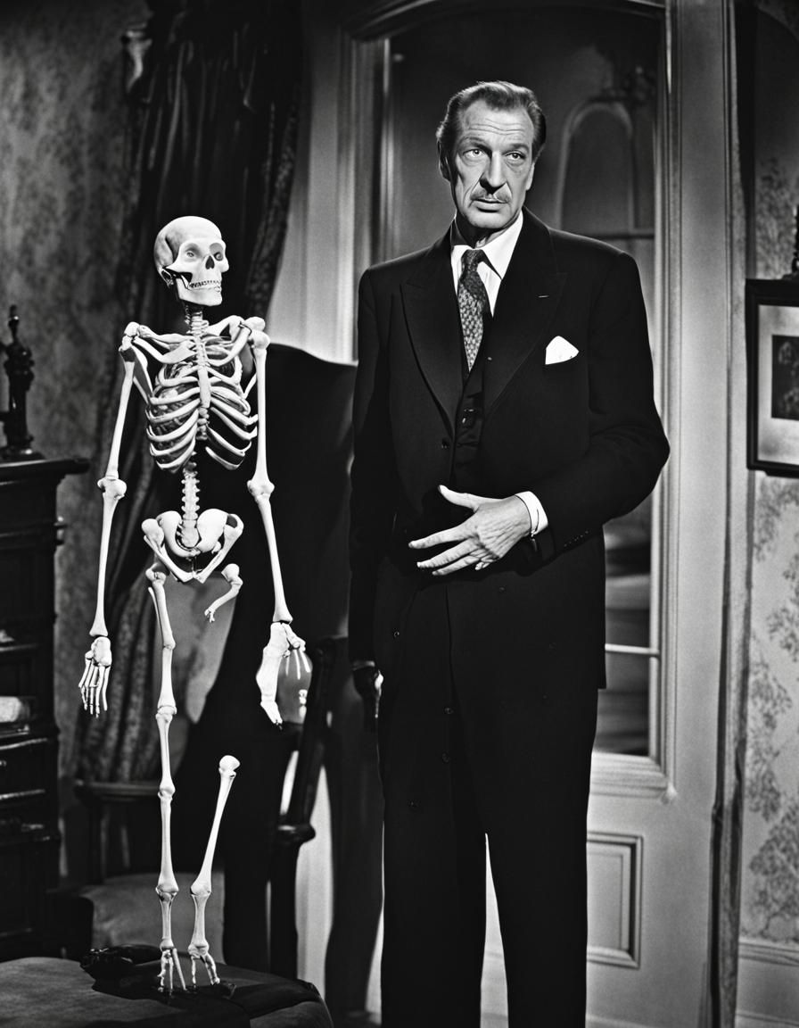 Vincent Price and Skeleton in Haunted House