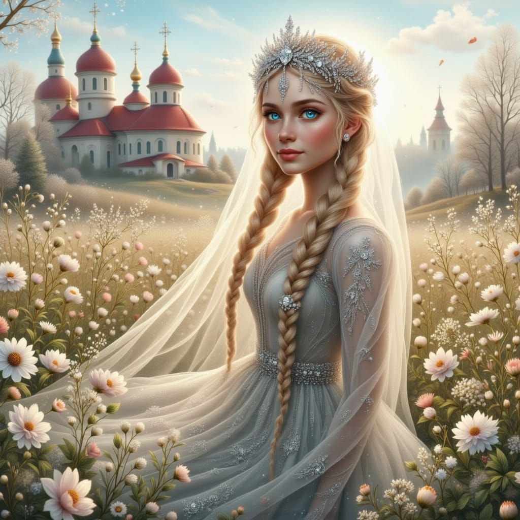 Slavic Princess in Filigree Kokoshnik with Veil