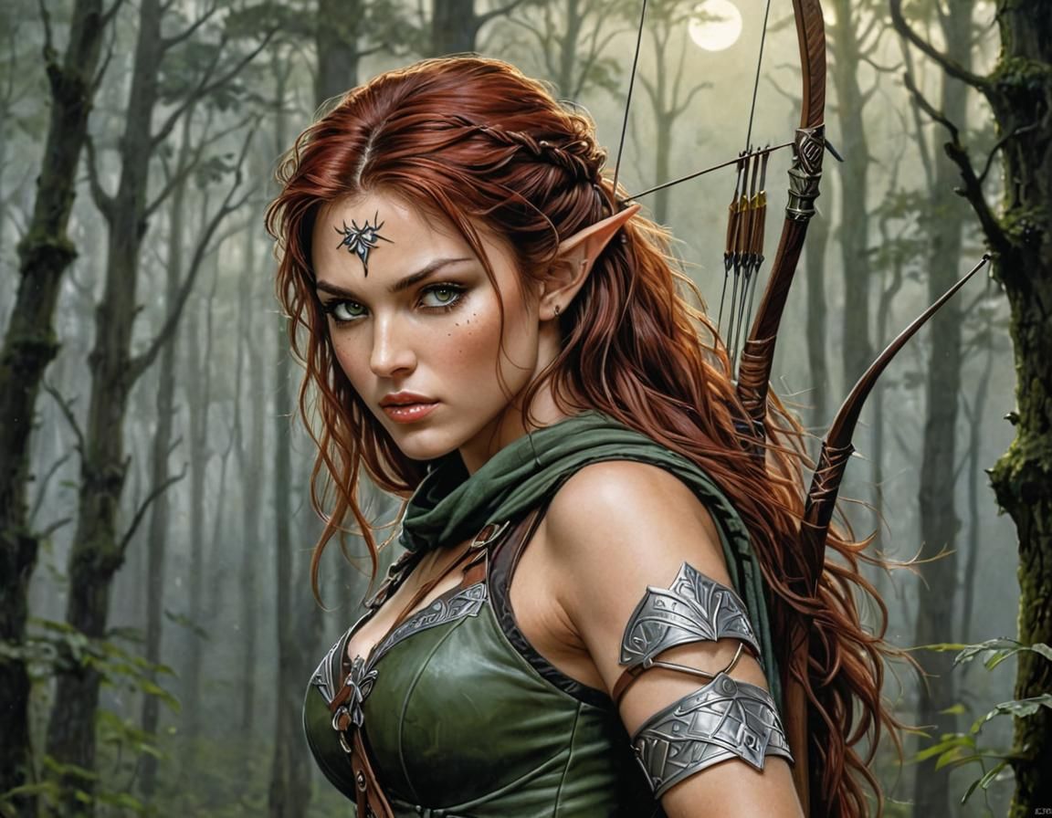 Elven Archer in Misty Forest, Hyperrealistic Art