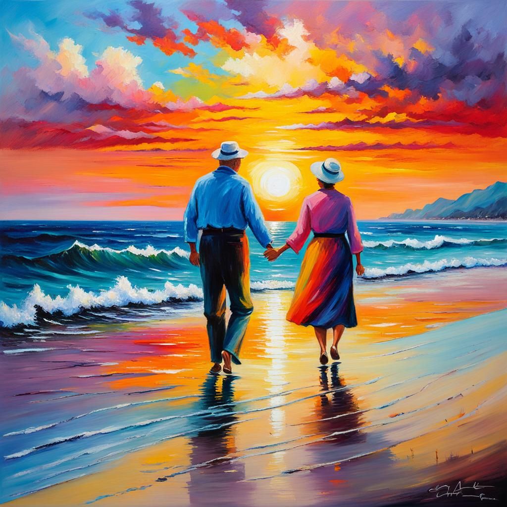 Impressionistic Sunset Beach Stroll Painting