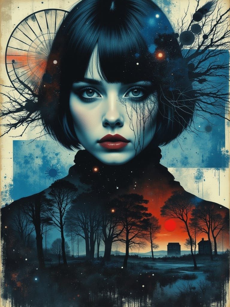 Gothic Portrait of a Melancholic Woman in Abstract Style