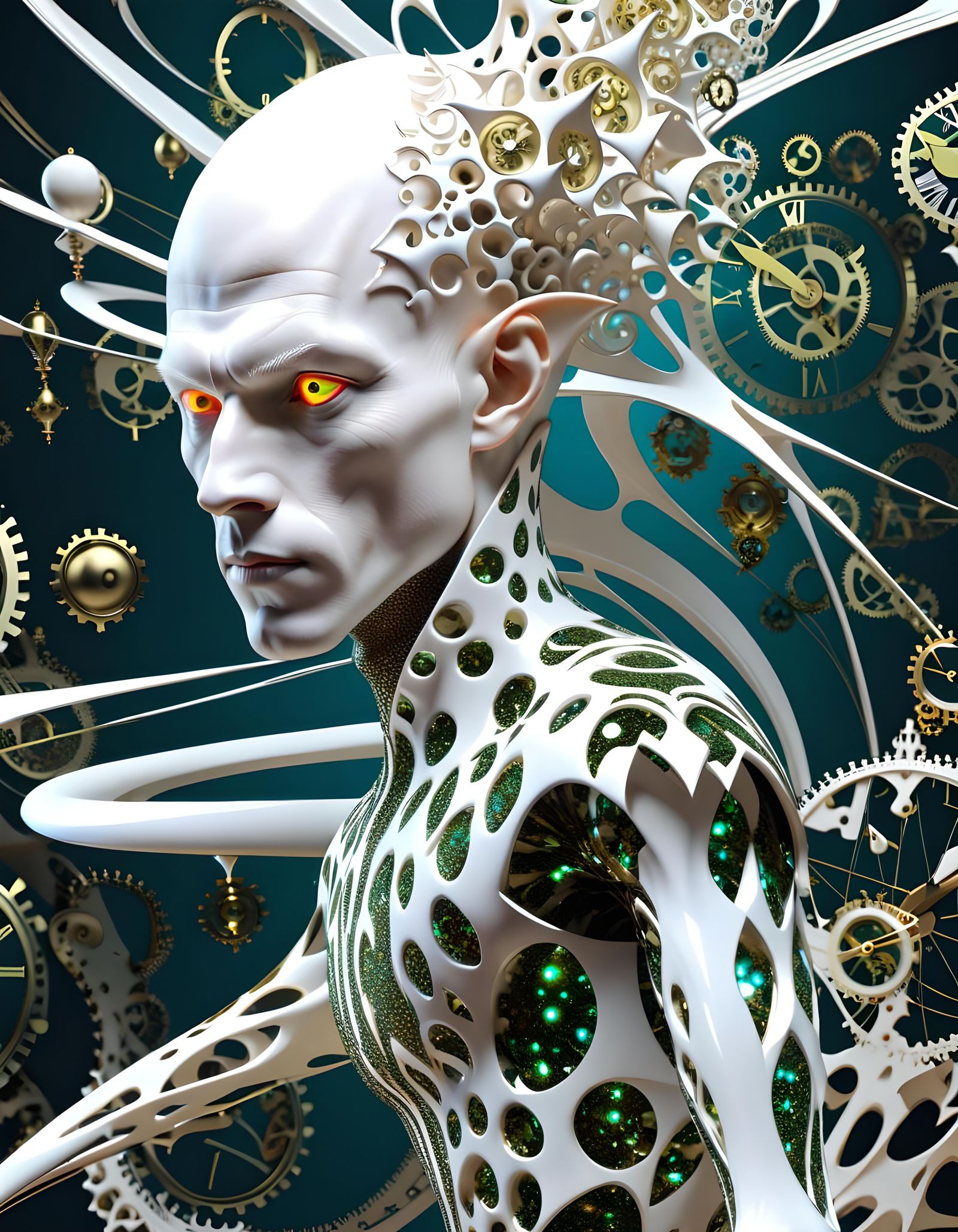 Albino Harlequin in Biopunk Clock with Fractal Geometry