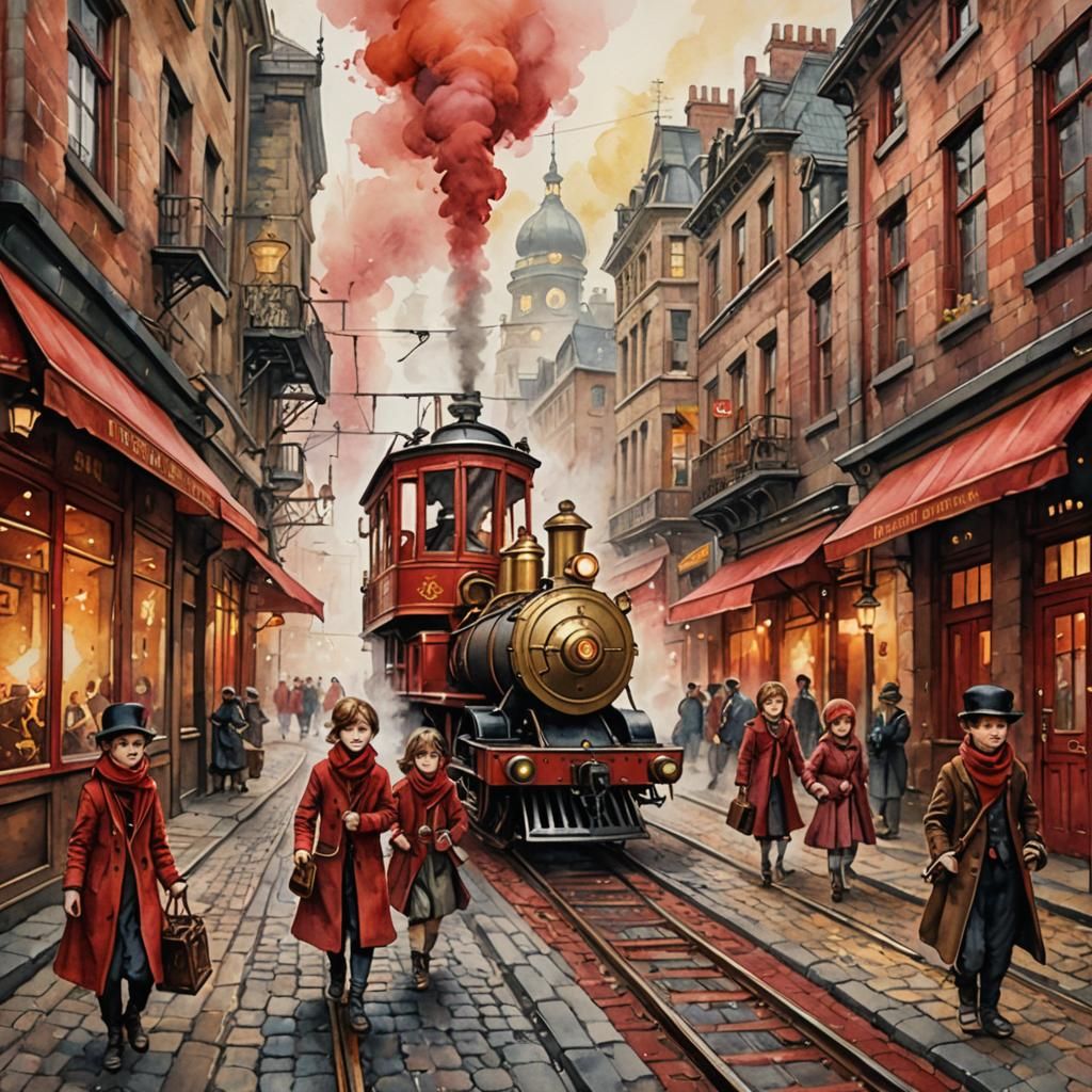 Urban Steampunk Street Scene in Watercolor