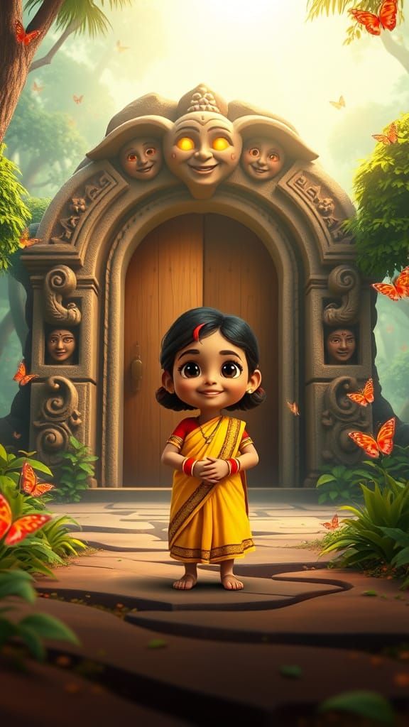 Magical Forest Door: Cartoon Illustration of Indian Girl