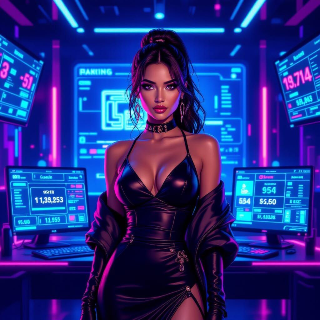 Woman in Neon Room with Ranking Screens in Cyberpunk Style