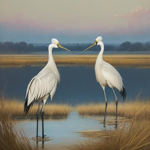 Cranes in Evening Light: Intricate Watercolor Painting