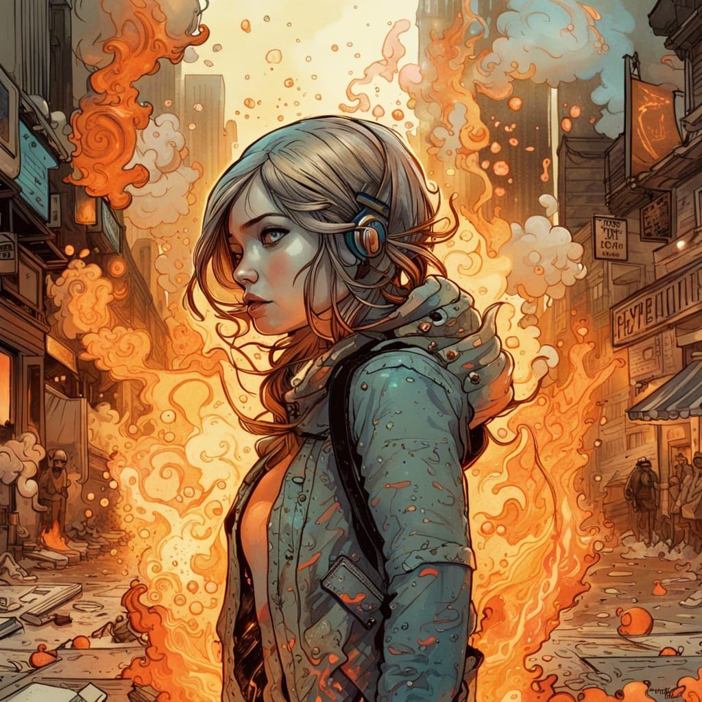 Girl in Burning City: Hyperrealistic Digital Art