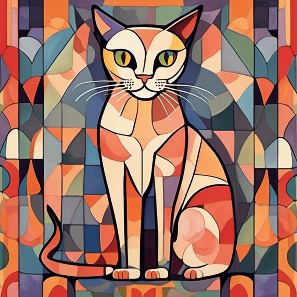 Stylized Burmese Cat Ink Drawing in Cubist Art Deco Style