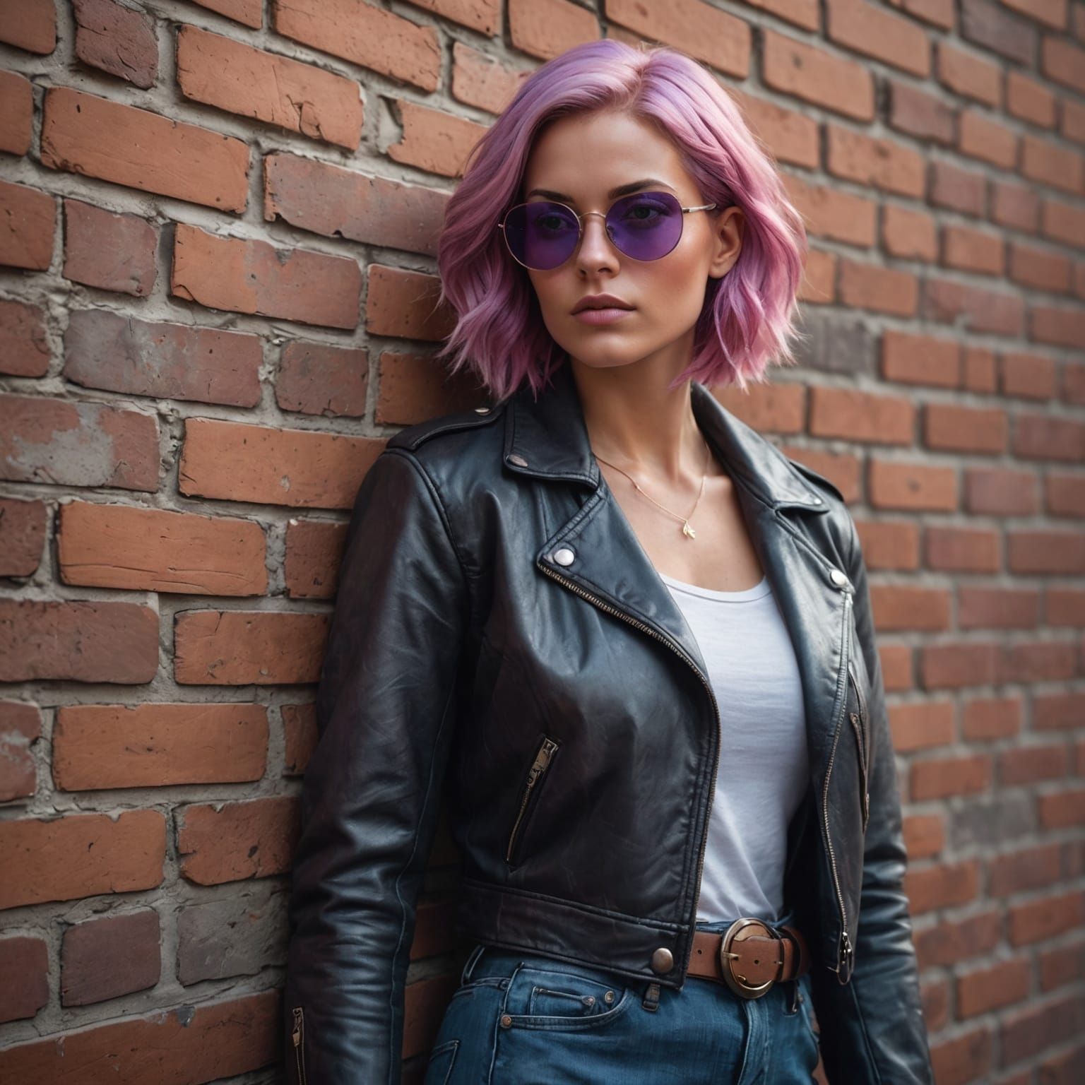 Pink Haired Woman in Leather Jacket: Digital Portrait