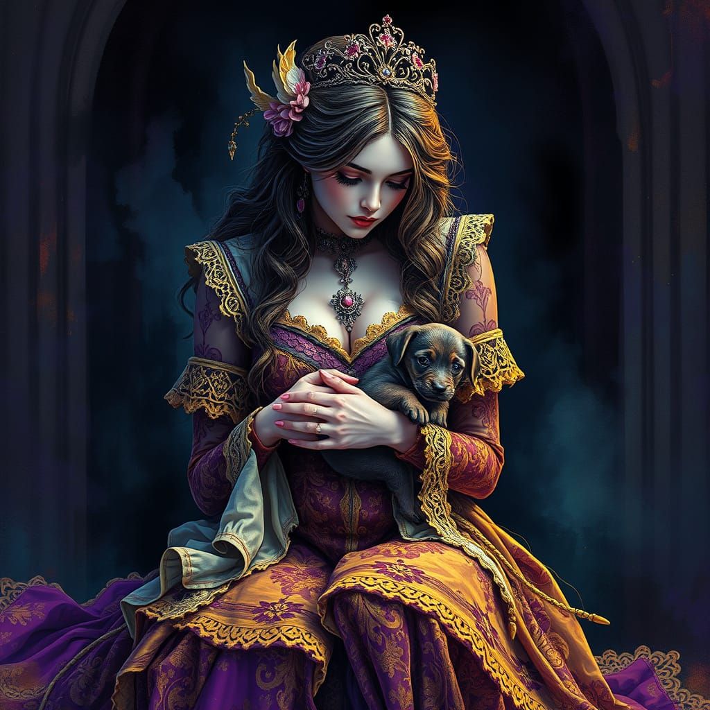 Gothic Woman and Puppy in Dark Fantasy Style