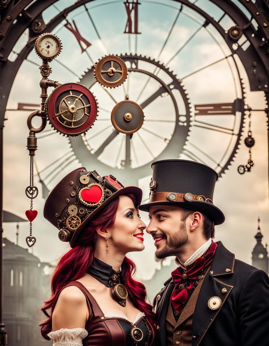 Steampunk Couple Portrait with Heart Eyes