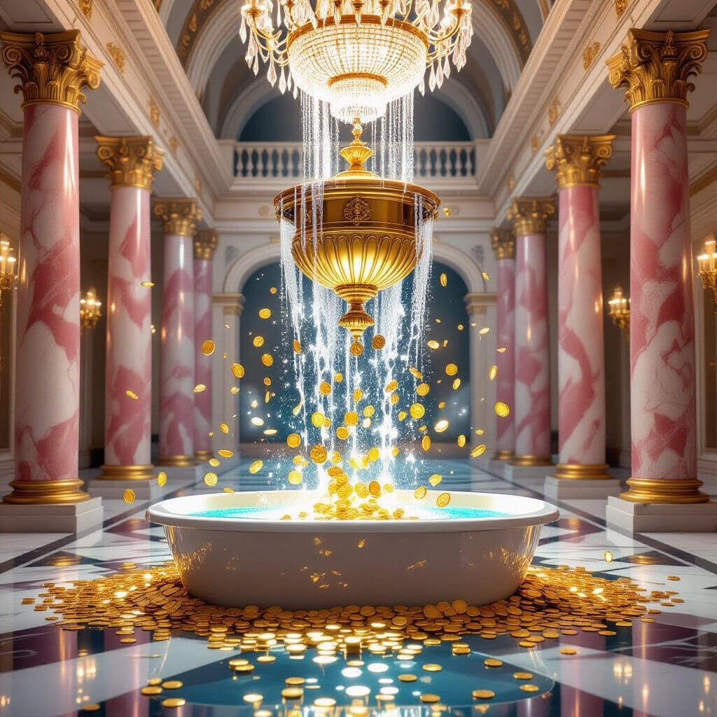Golden Urn Pours Coins into Marble Bathtub in Grand Hall