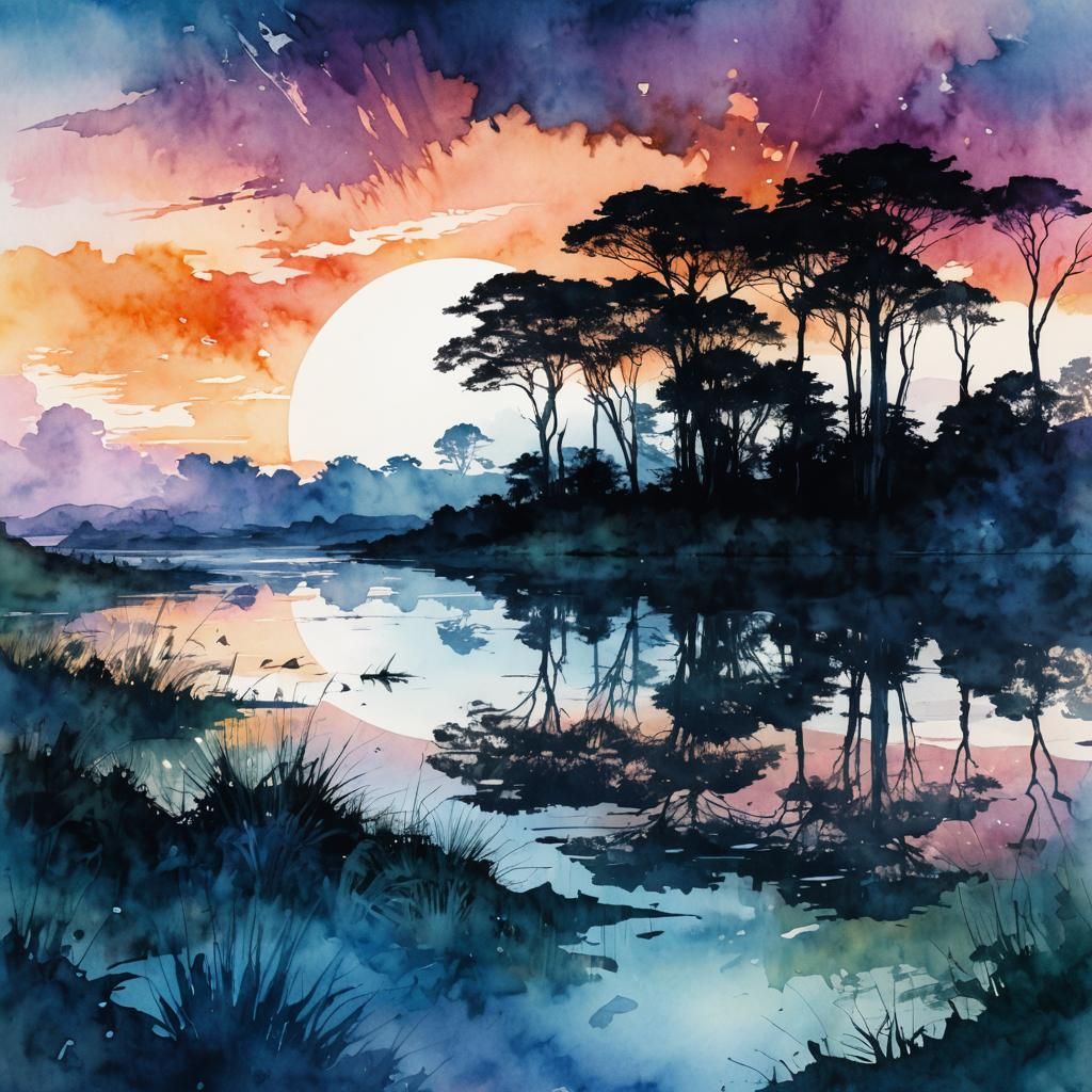 Post-Hurricane Summerscape Sunset in Watercolor Style