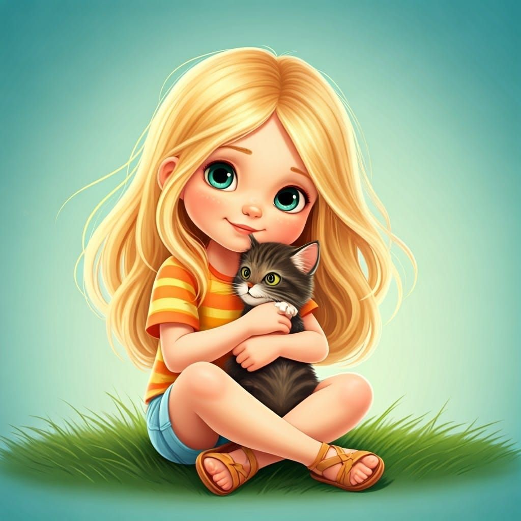 Girl Hugging Cat in Pixar-Inspired Dreamscape