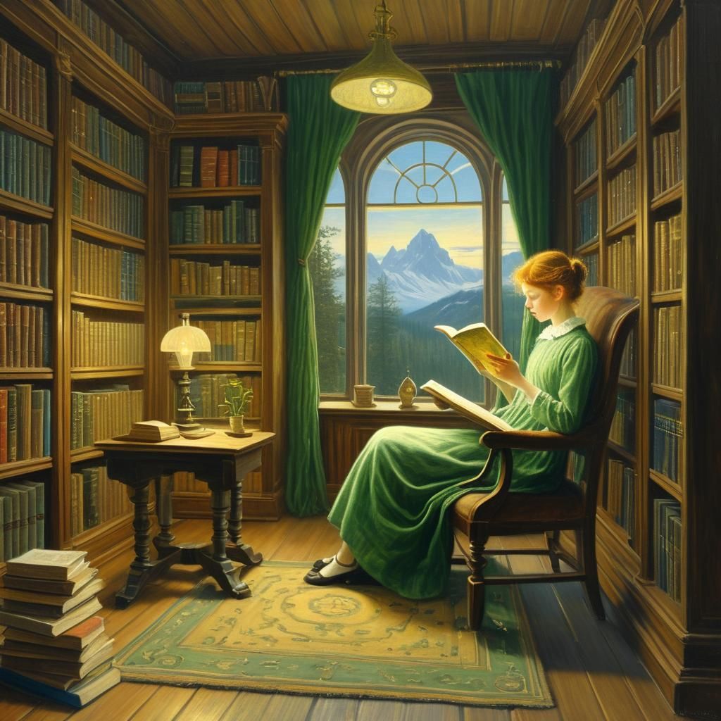 Fairy Reading in Library, Kittelsen Style Oil Painting