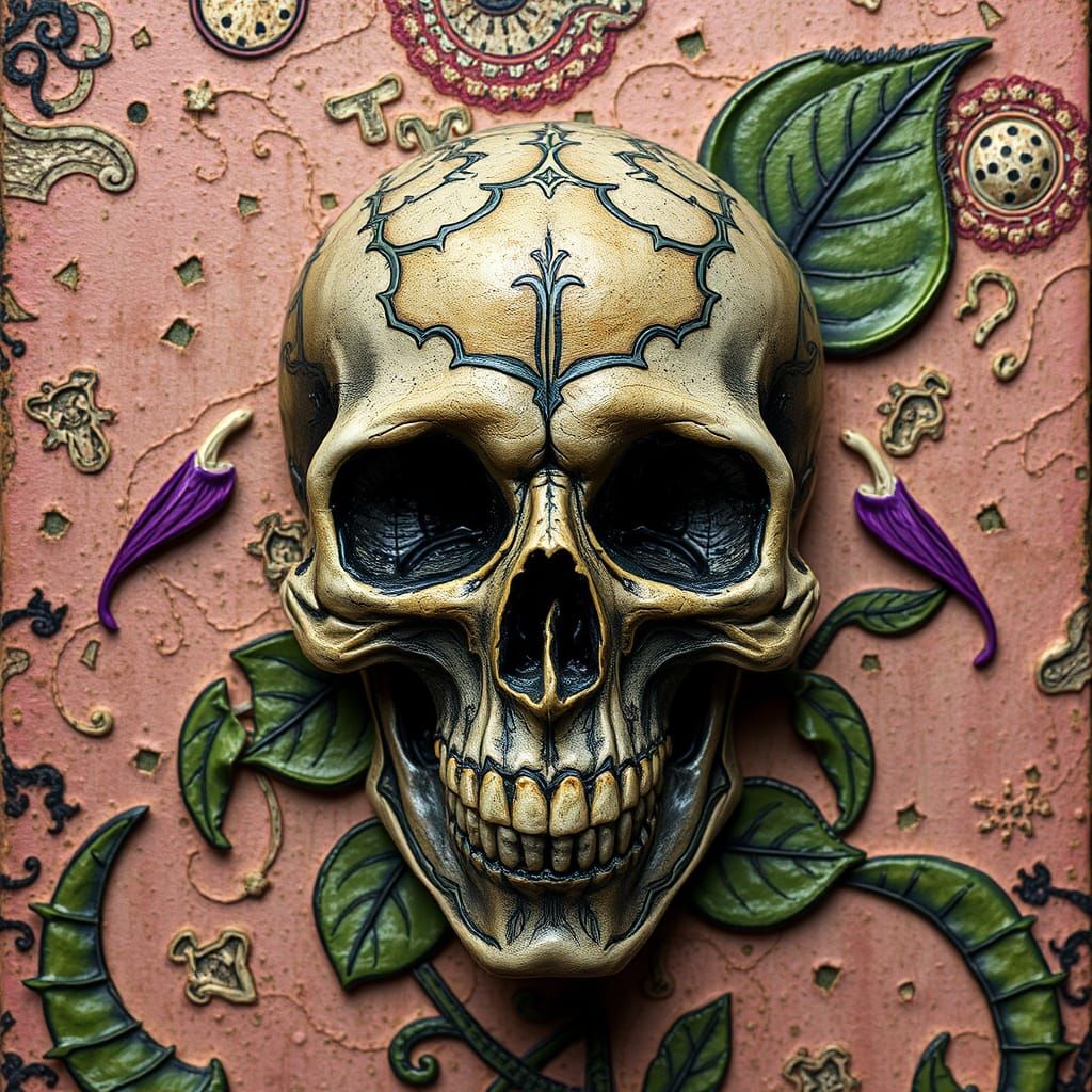 Psychedelic Skull with Venus Flytraps in Encaustic Style