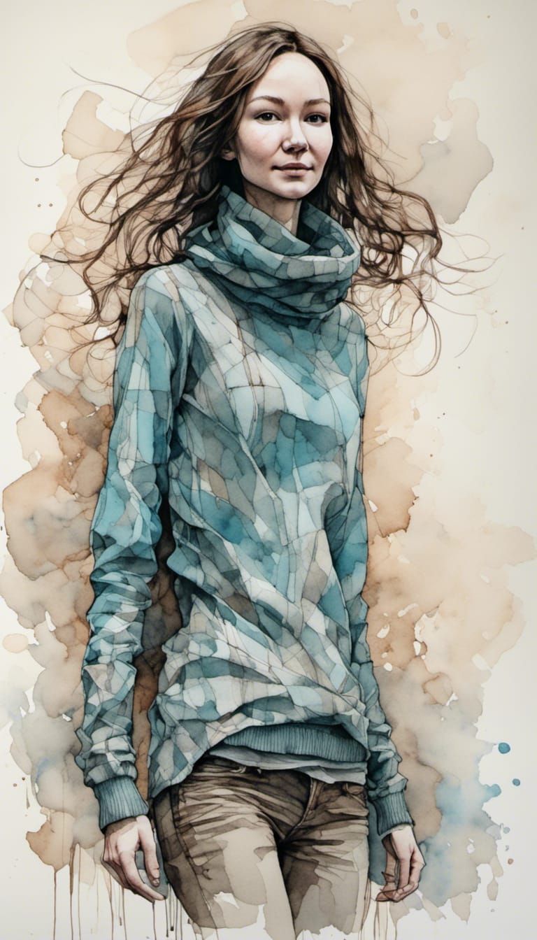 Watercolor Ink Portrait with Pastel Blue Tones