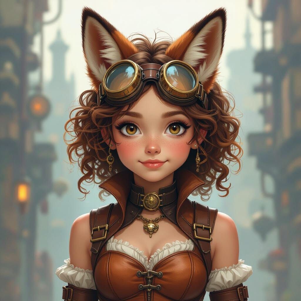 Steampunk Girl with Fox Ears in Industrial Setting