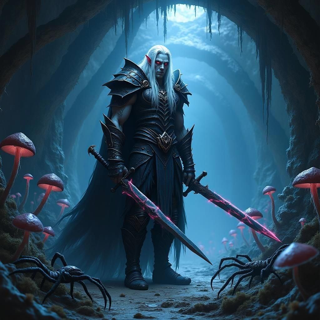 An awe-inspiring and unsettling scene of a Drow male barbari...